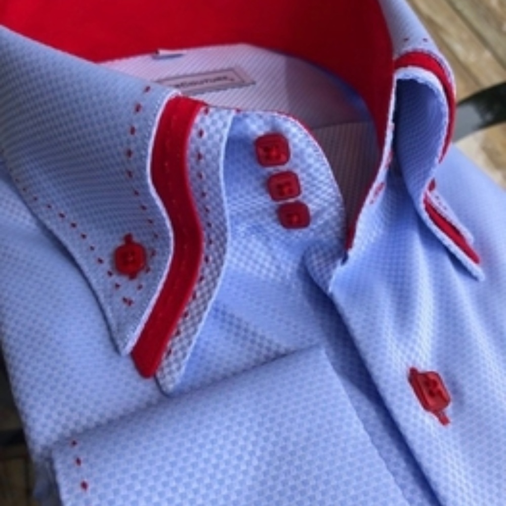 MorCouture Sky Red Triple Stitch High Collar shirt